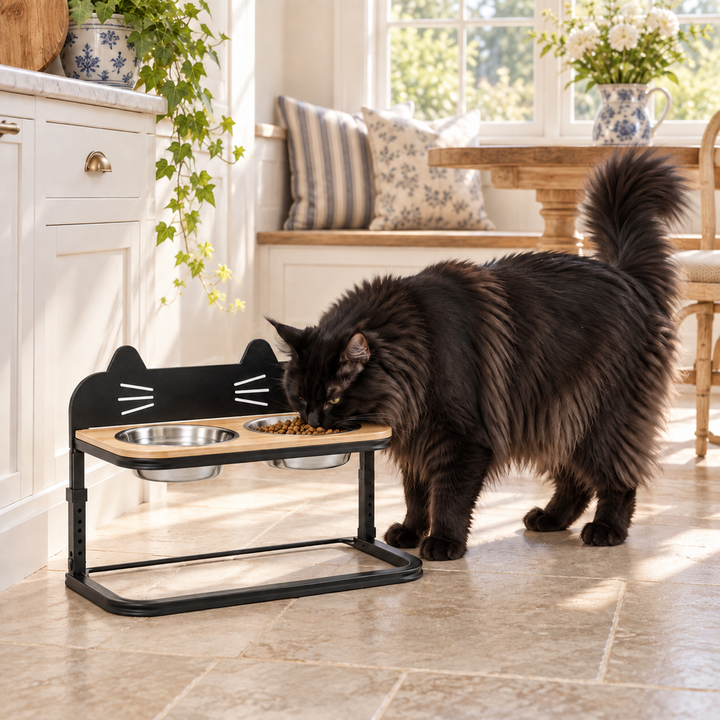Black Maine Coon using the adjustable raised two-bowl cat feeder