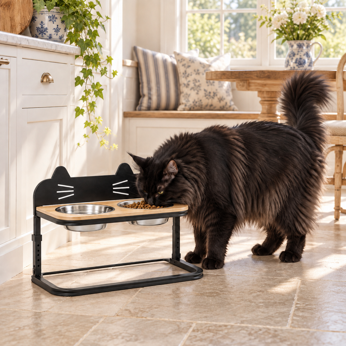 Black Maine Coon using the adjustable raised two-bowl cat feeder