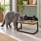 Blue British Shorthair drinking from the raised bamboo cat feeder