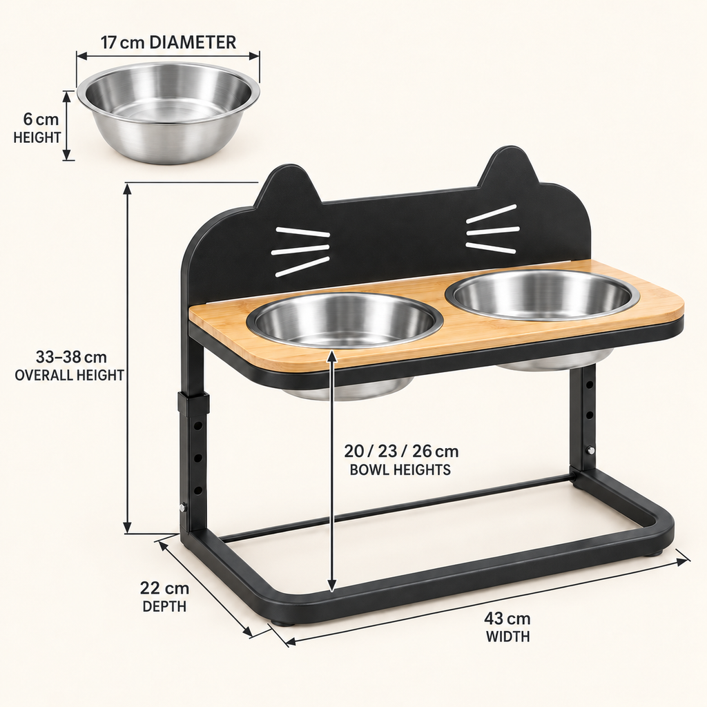 Raised cat feeder dimensions: 43 by 22 by 33–38 cm with three bowl heights