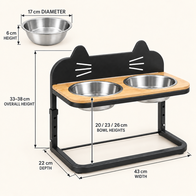 Raised cat feeder dimensions: 43 by 22 by 33–38 cm with three bowl heights