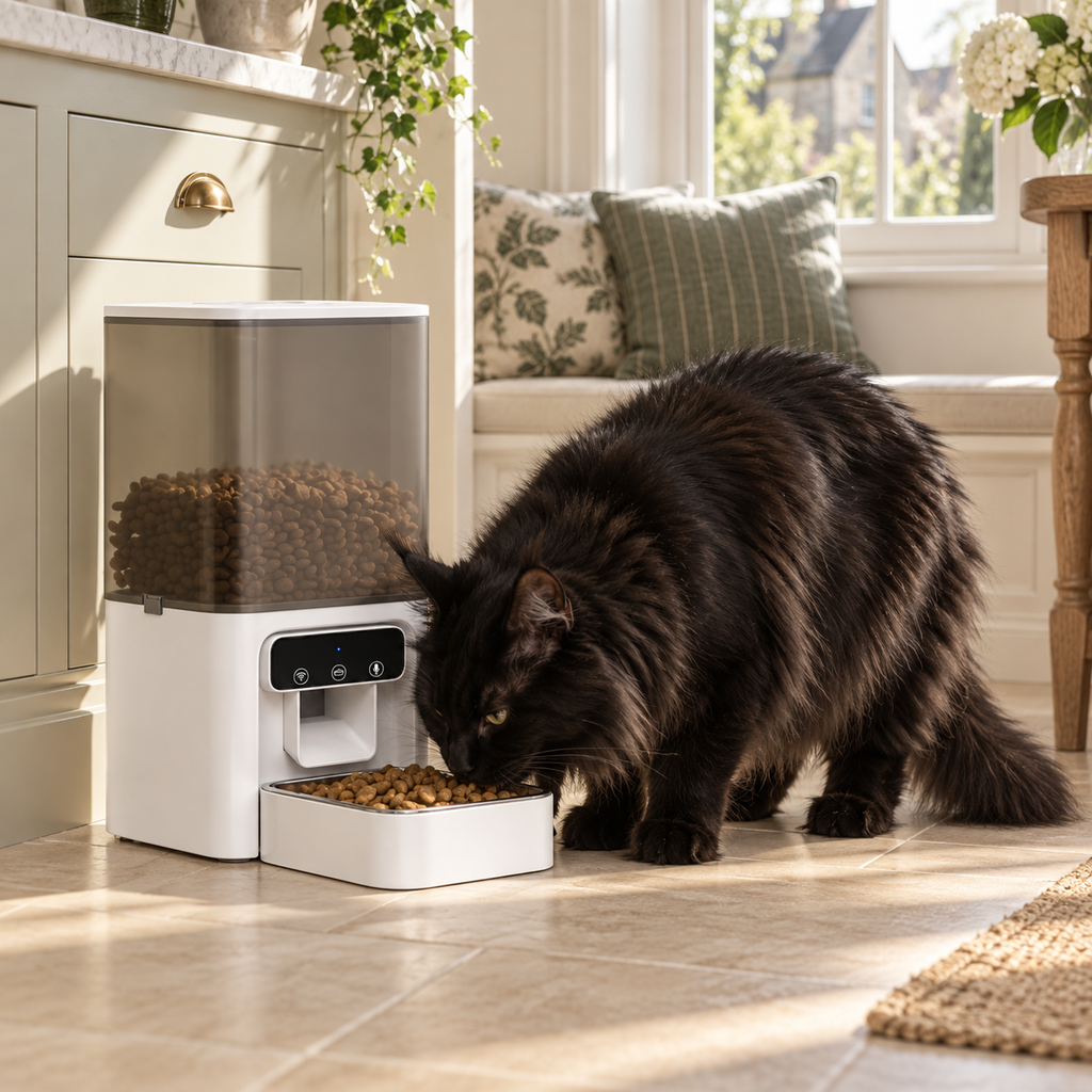 Black Maine Coon eating from the 4.5L Wi-Fi automatic cat feeder