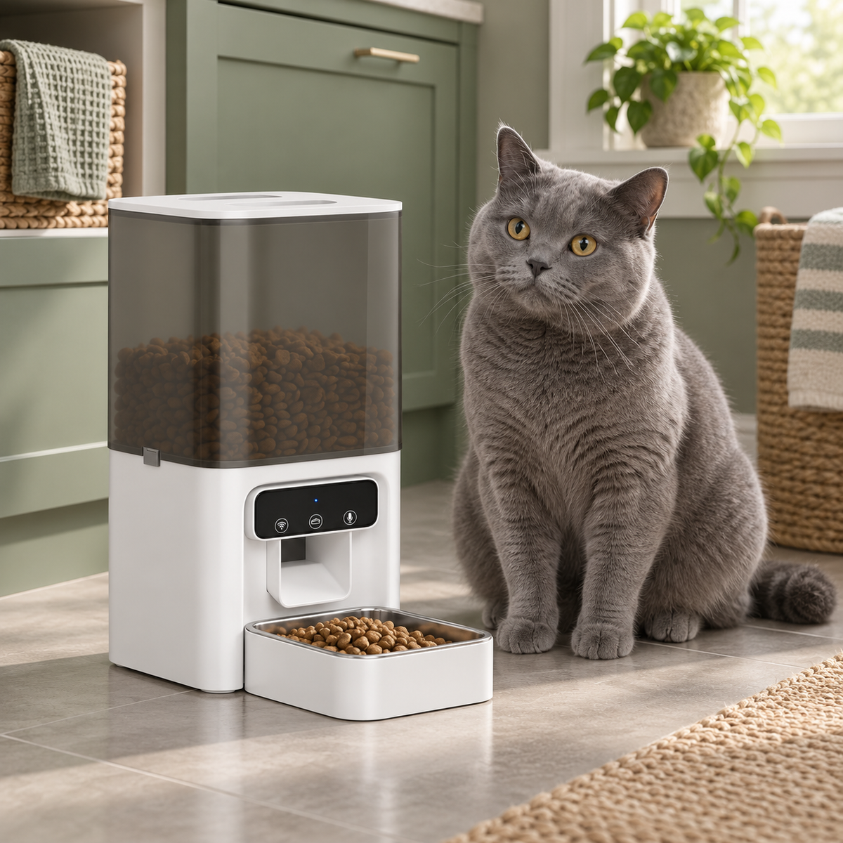 Blue British Shorthair beside the white smart automatic cat feeder