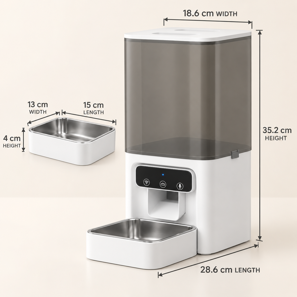 4.5L Wi-Fi cat feeder dimensions: 28.6 by 18.6 by 35.2 cm