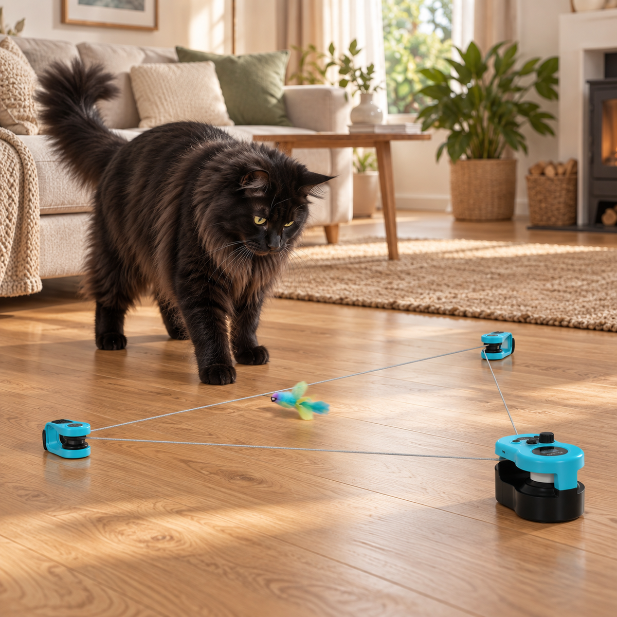 Black Maine Coon watching the configurable mouse-chase track toy in a warm sitting room