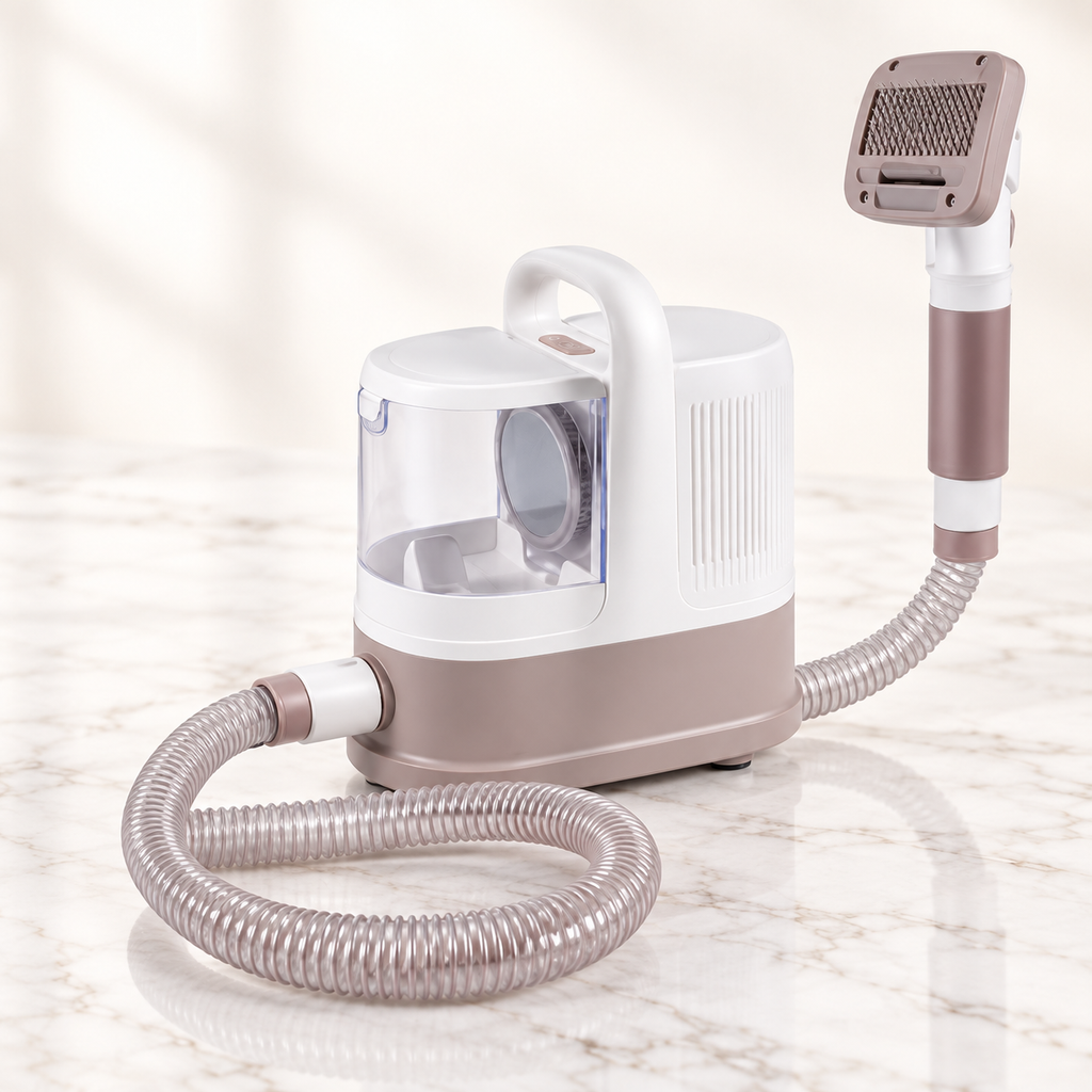 White and taupe 1.3 litre grooming vacuum with one hose and grooming head on light marble