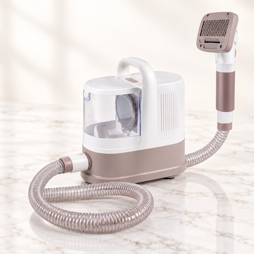White and taupe 1.3 litre grooming vacuum with one hose and grooming head on light marble