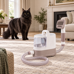 Unplugged 1.3 litre grooming vacuum with one grooming head and a black Maine Coon safely behind