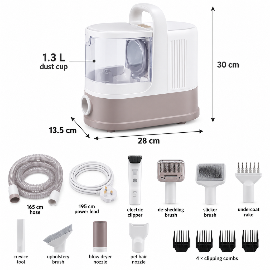 1.3 litre grooming vacuum dimensions and complete accessory set including hose, clippers and four clipping combs