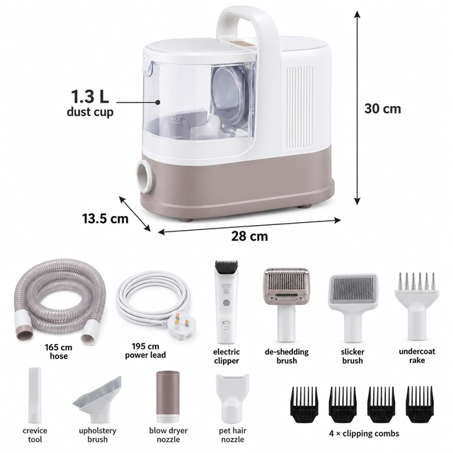 1.3 litre grooming vacuum dimensions and complete accessory set including hose, clippers and four clipping combs
