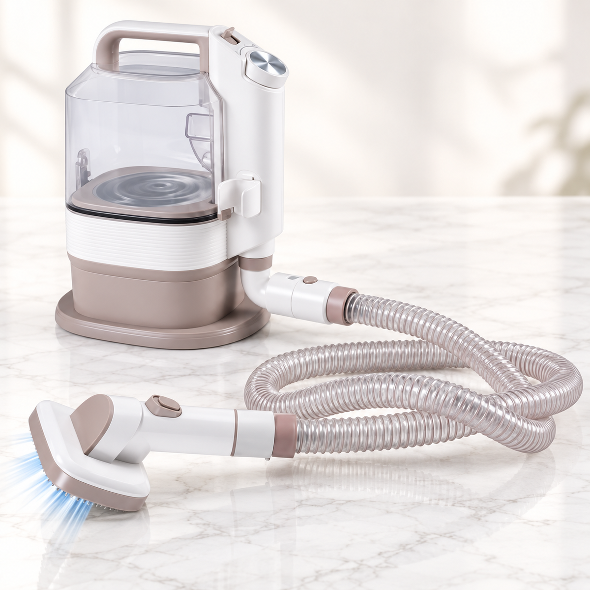 White and taupe 3.2 litre grooming vacuum with one hose and grooming head on light marble