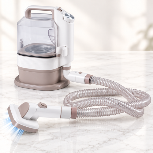 White and taupe 3.2 litre grooming vacuum with one hose and grooming head on light marble