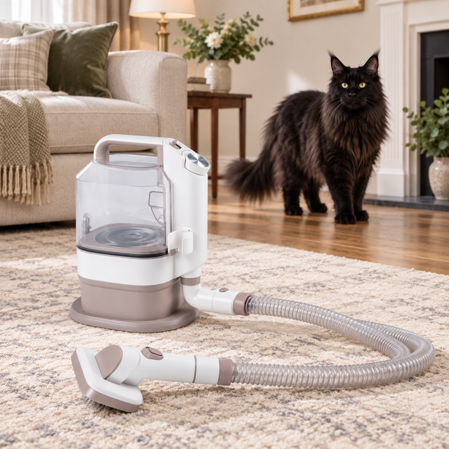 Unplugged 3.2 litre grooming vacuum with one grooming head and a black Maine Coon safely behind