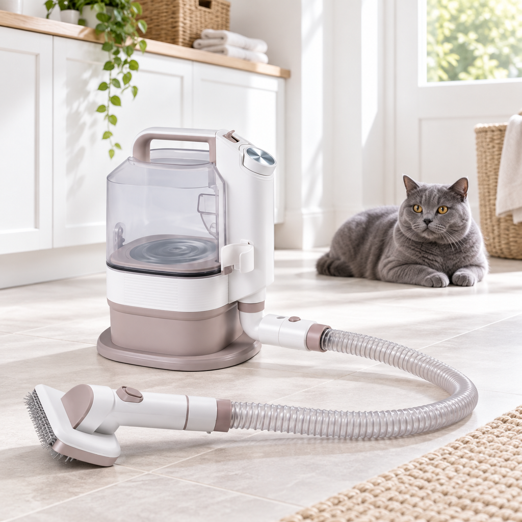Unplugged 3.2 litre grooming vacuum with one grooming head and a blue British Shorthair safely behind