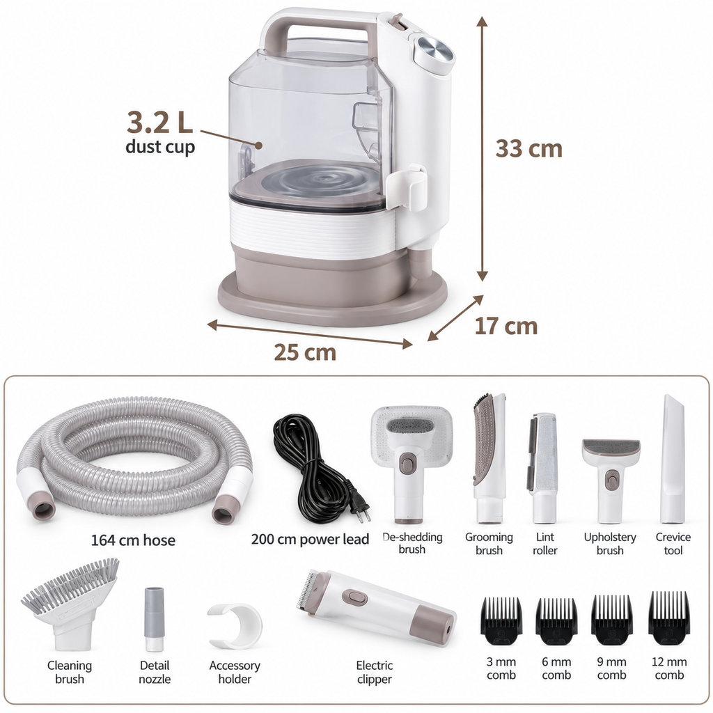 3.2 litre grooming vacuum dimensions and complete accessory set including hose, clippers and four clipping combs