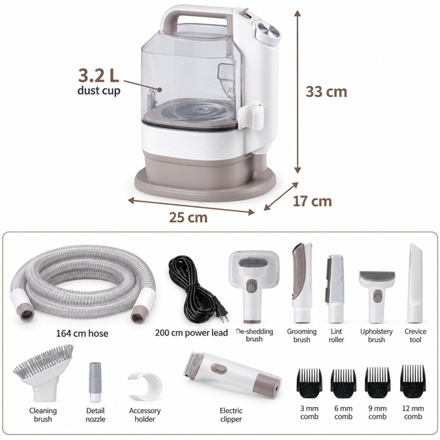 3.2 litre grooming vacuum dimensions and complete accessory set including hose, clippers and four clipping combs