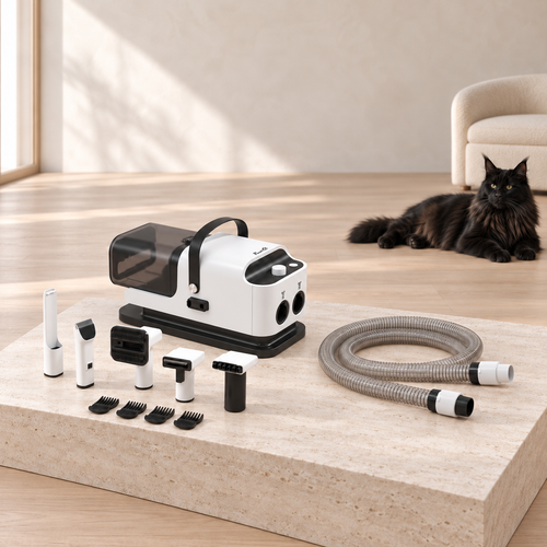 Grooming vacuum and detached accessories on travertine with a black Maine Coon resting away from the equipment