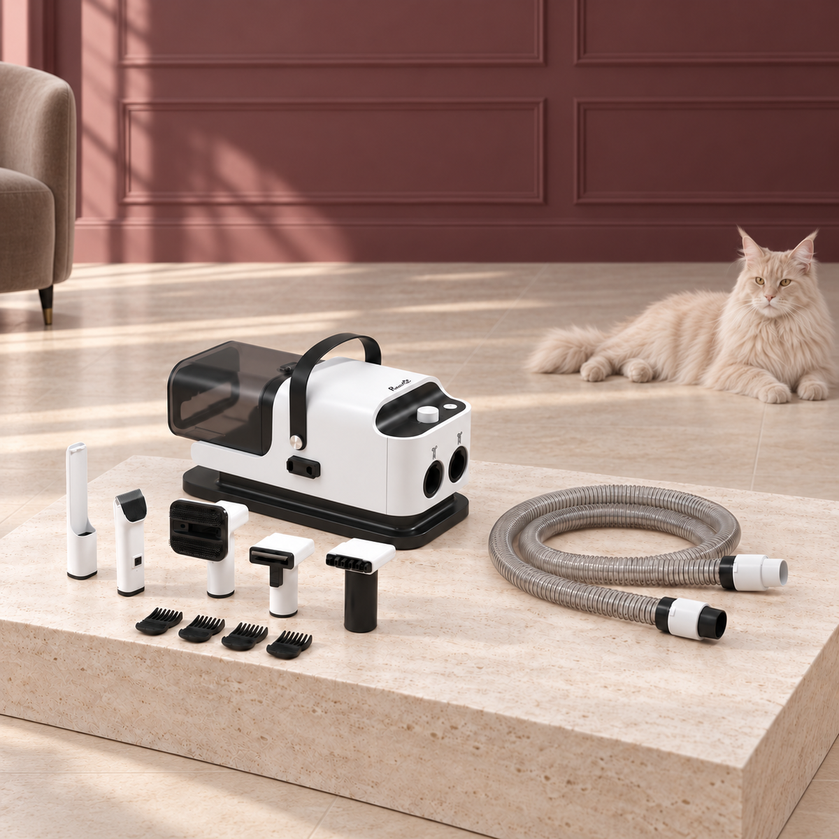 Grooming vacuum and detached accessories in a minimal burgundy room with a cream Maine Coon resting away