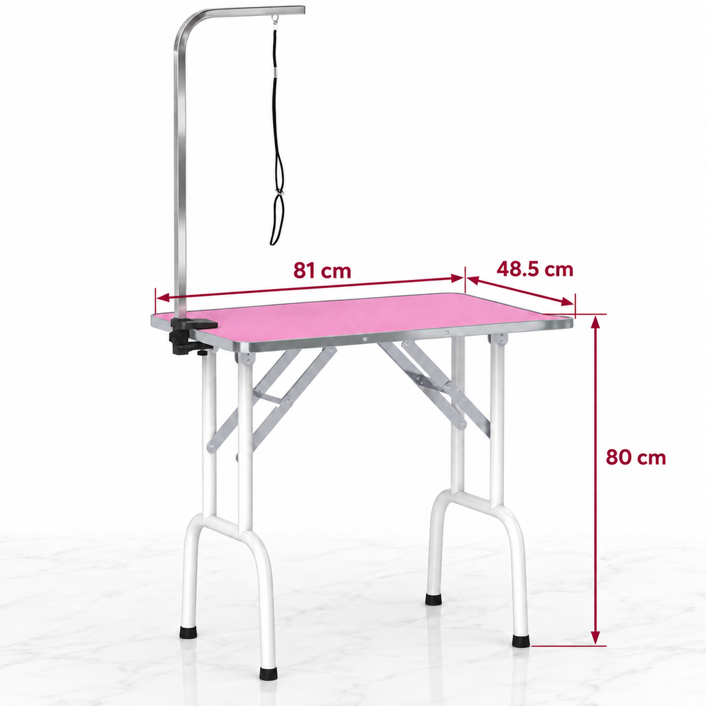 Pink grooming table dimensions: tabletop 81 by 48.5 cm and table height 80 cm