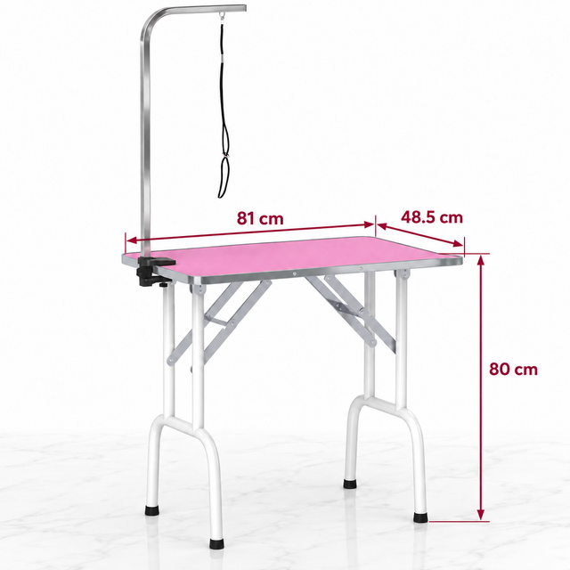 Pink grooming table dimensions: tabletop 81 by 48.5 cm and table height 80 cm