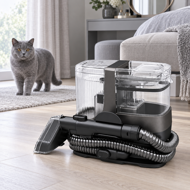 Portable carpet spot cleaner in a bedroom with a blue British Shorthair safely in the background