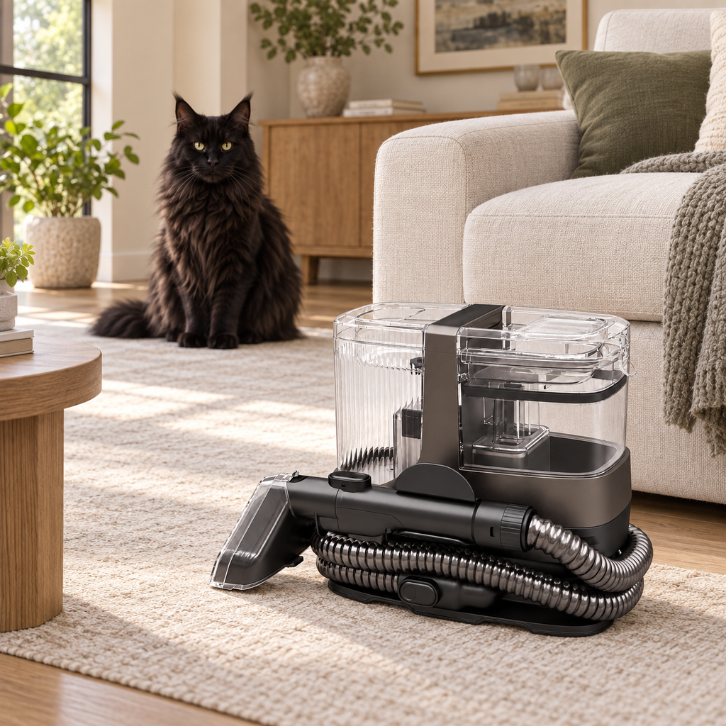Portable upholstery spot cleaner in a living room with a black Maine Coon safely in the background
