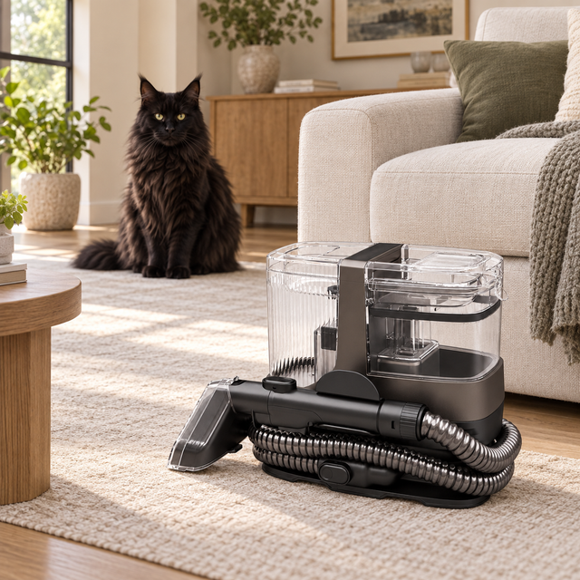 Portable upholstery spot cleaner in a living room with a black Maine Coon safely in the background