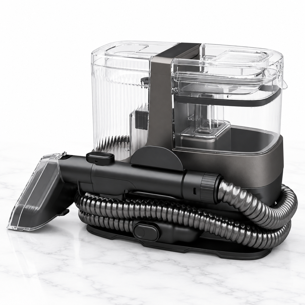 Portable upholstery and carpet spot cleaner with steam on pale white marble