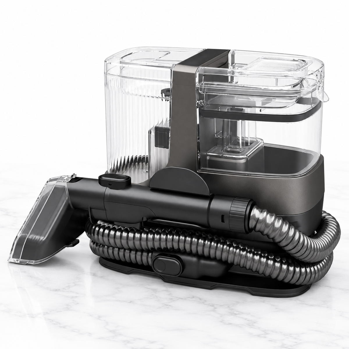 Portable upholstery and carpet spot cleaner with steam on pale white marble