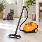 Cool unplugged 1.5L steam cleaner in a utility room with a grey Maine Coon kept safely away