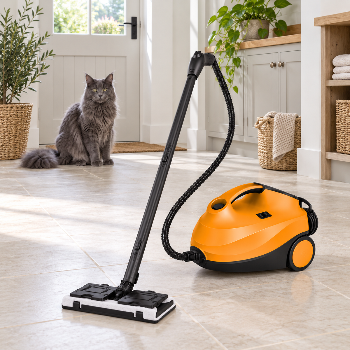 Cool unplugged 1.5L steam cleaner in a utility room with a grey Maine Coon kept safely away