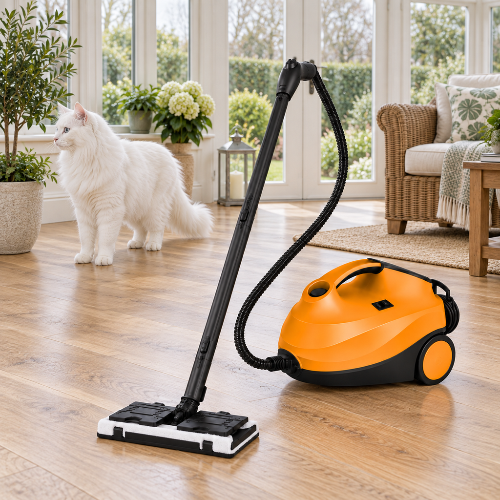 Cool unplugged 1.5L steam cleaner in a sunroom with a white Maine Coon kept safely away