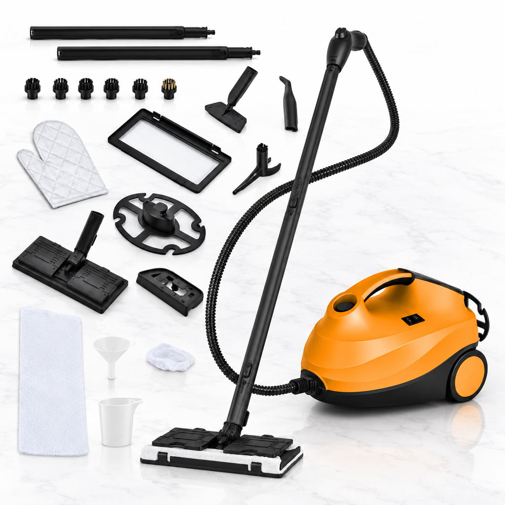 1.5L orange steam cleaner with 20-piece accessory set on light white marble