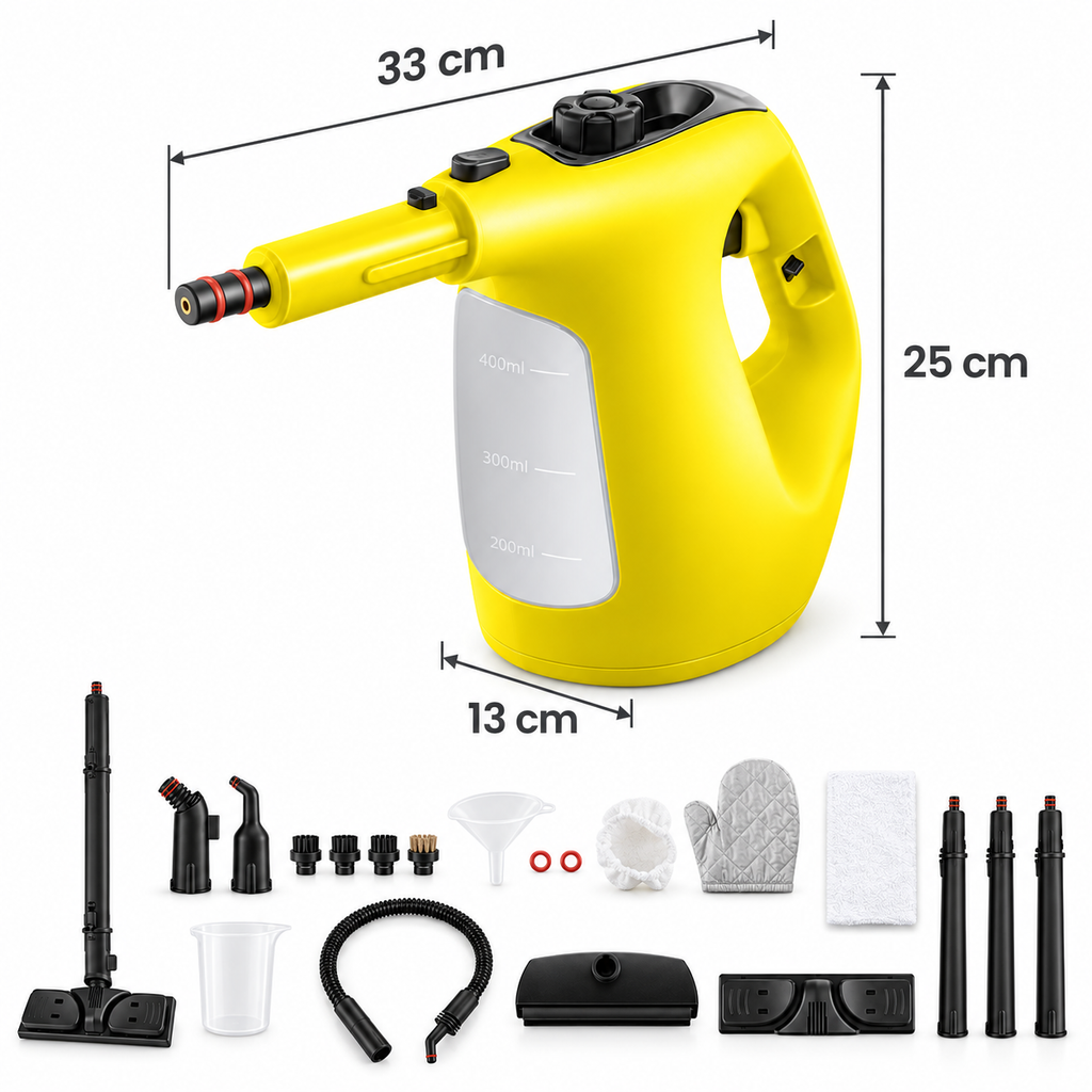400ml handheld steam cleaner dimensions: 33cm long, 13cm wide and 25cm high