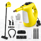 400ml handheld steam cleaner with fourteen-piece accessory kit on light marble