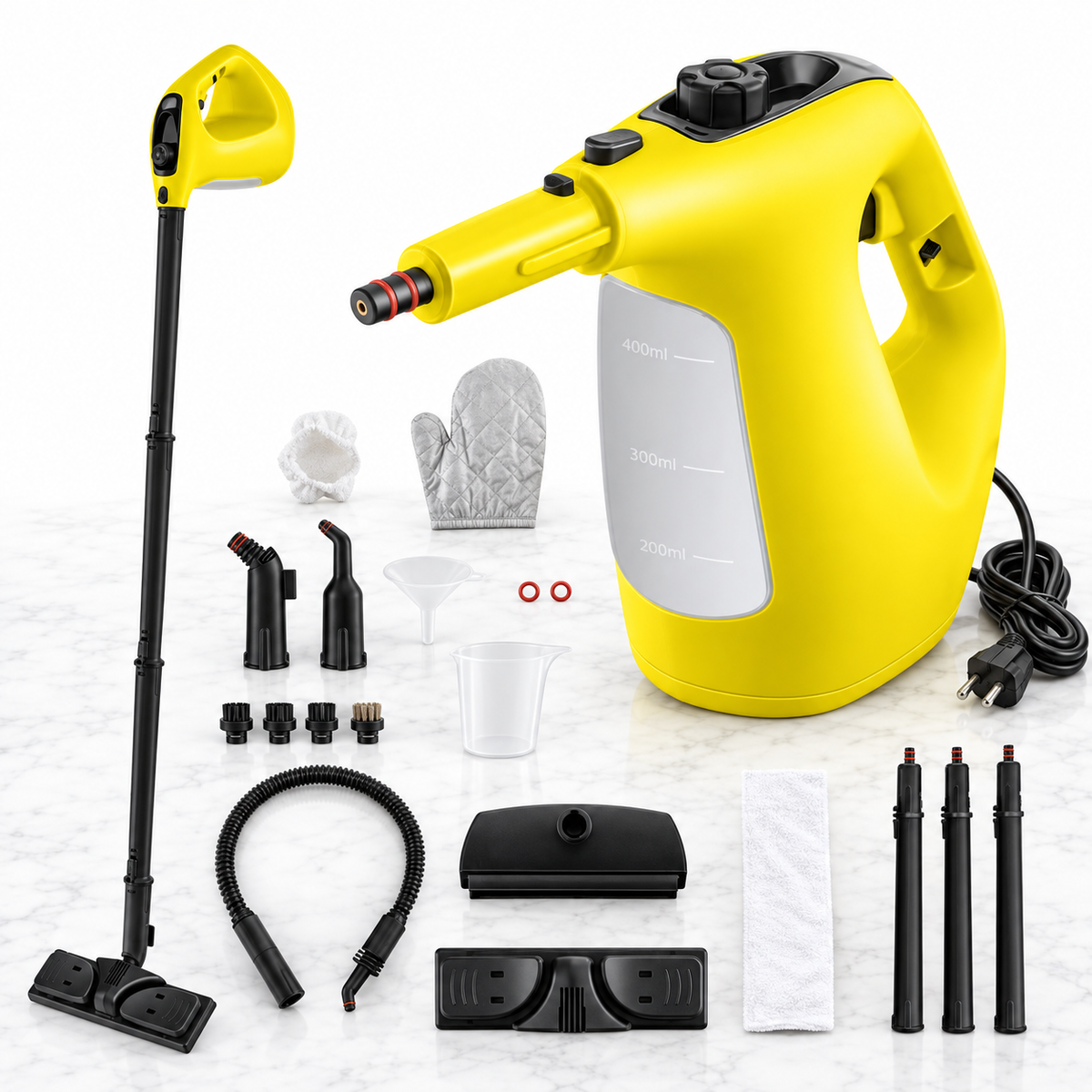 400ml handheld steam cleaner with fourteen-piece accessory kit on light marble