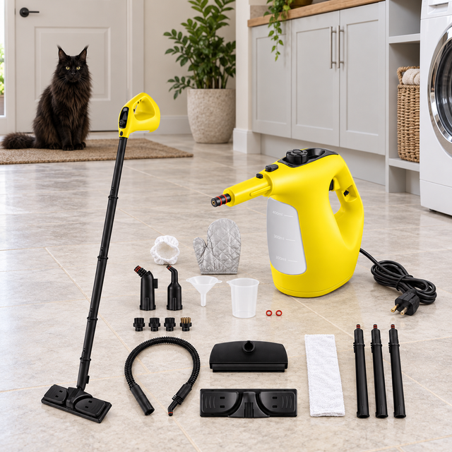 Cool unplugged 400ml handheld steam cleaner in a utility room with a black Maine Coon at a safe distance