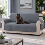 Grey three-seater sofa cover with a blue Maine Coon in a cool-toned reading room