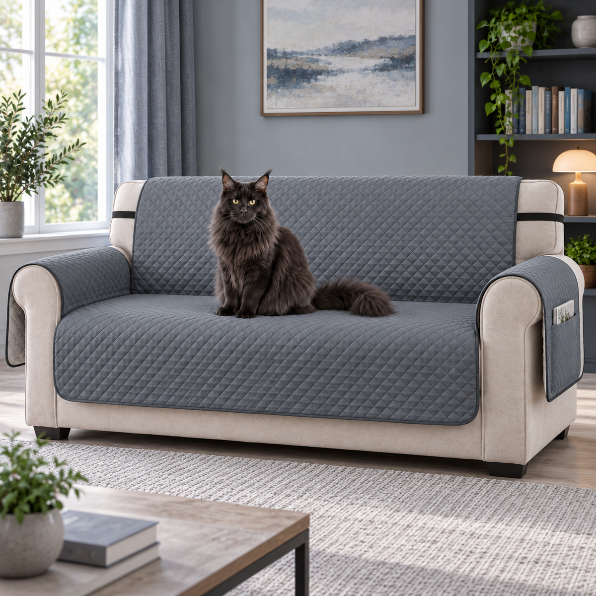 Grey three-seater sofa cover with a blue Maine Coon in a cool-toned reading room