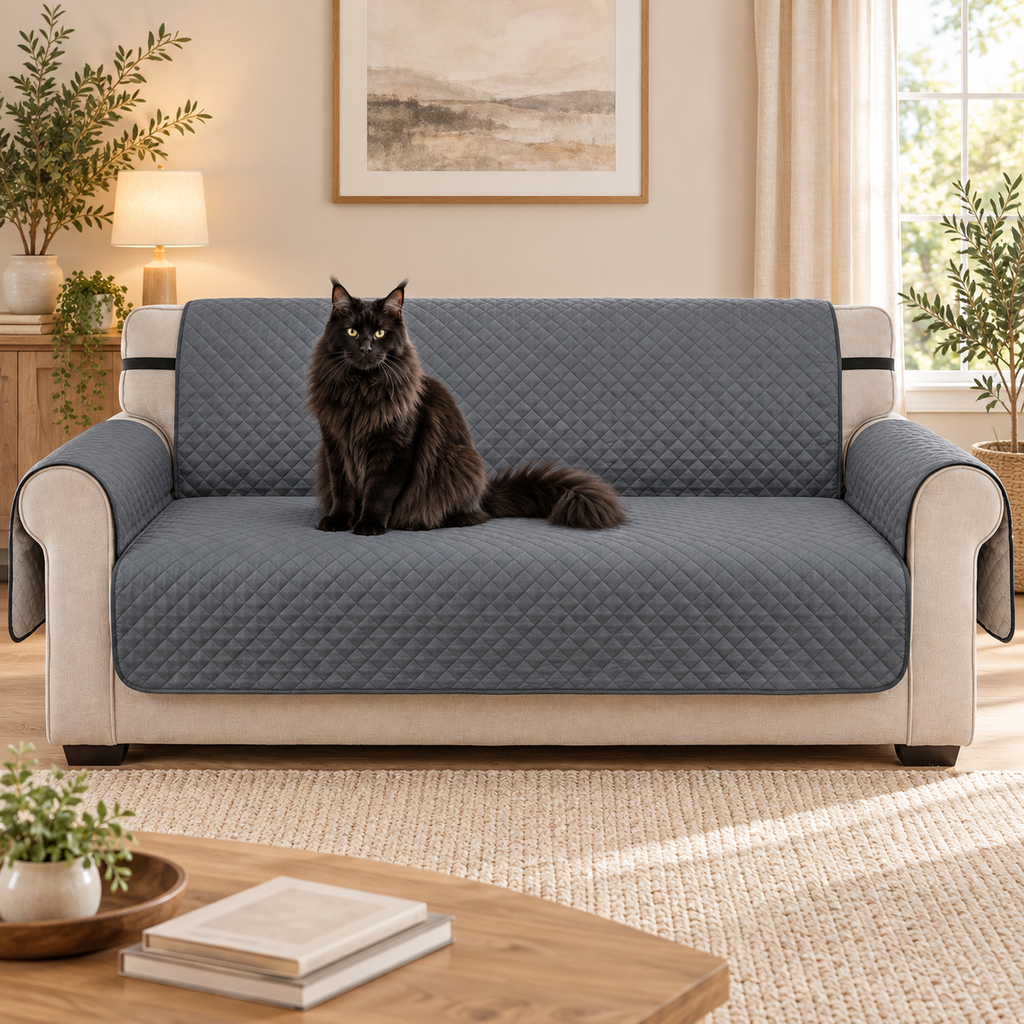 Grey three-seater sofa cover with a black Maine Coon in a warm living room