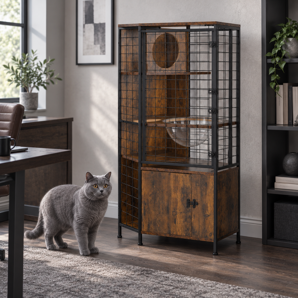 Multi-level cat cabinet in a home office with a blue British Shorthair beside it