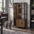 Multi-level cat cabinet in a home office with a blue British Shorthair beside it