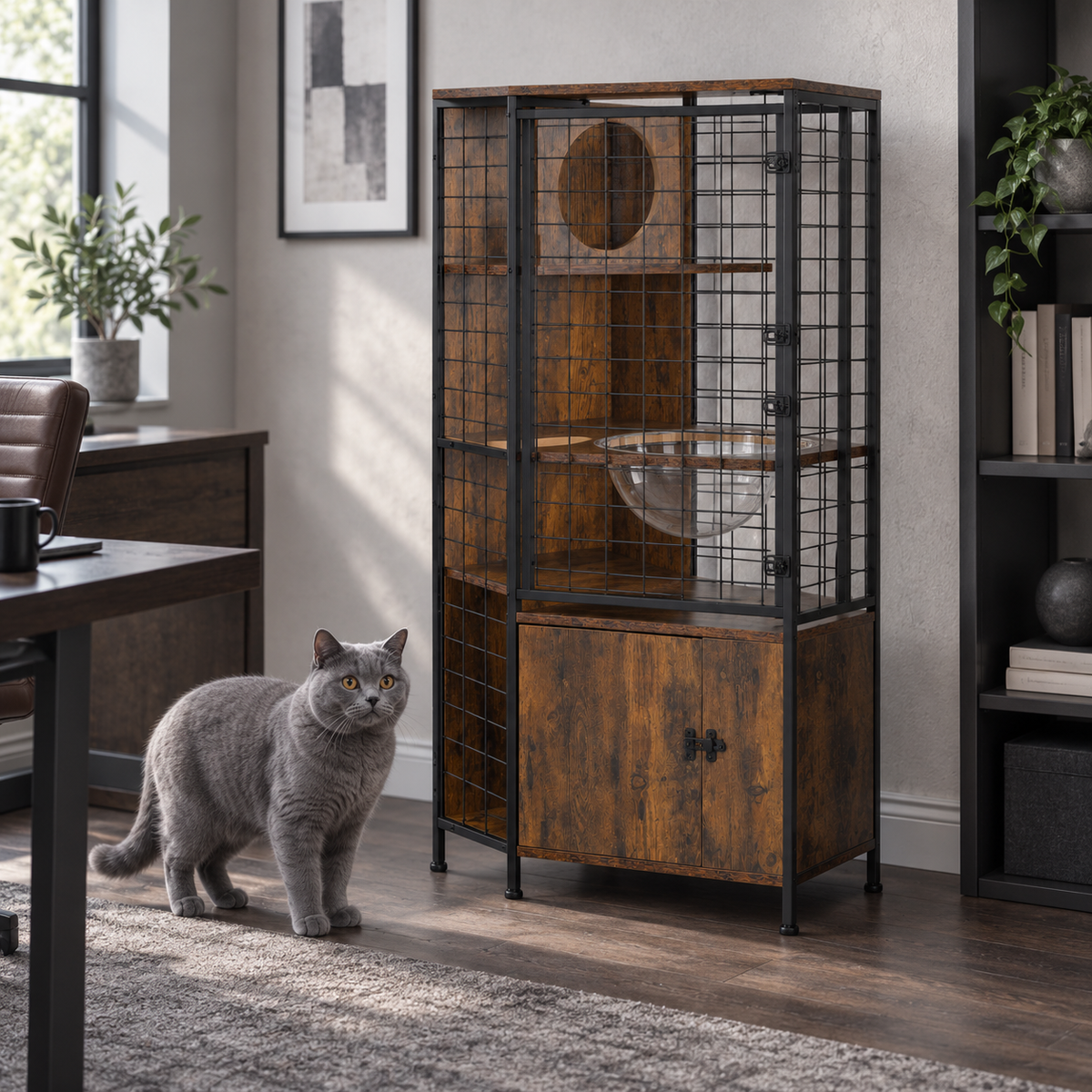 Multi-level cat cabinet in a home office with a blue British Shorthair beside it