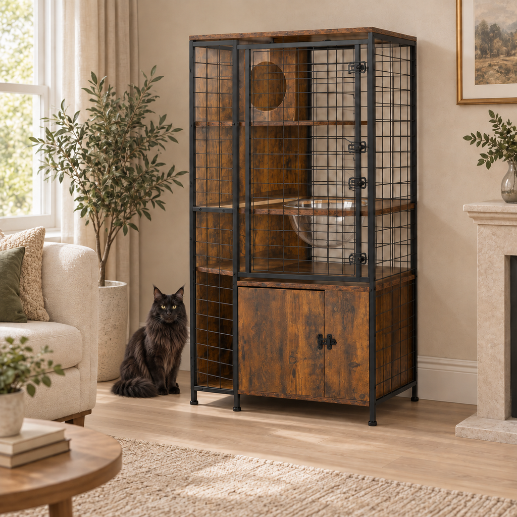 Multi-level cat cabinet in a living room with a correctly scaled black Maine Coon beside it