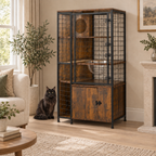 Multi-level cat cabinet in a living room with a correctly scaled black Maine Coon beside it