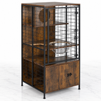 Multi-level brown and black cat cabinet with storage and mesh door on pale white marble