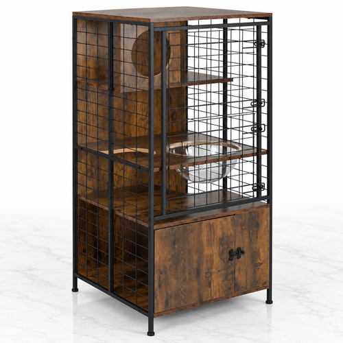 Multi-level brown and black cat cabinet with storage and mesh door on pale white marble