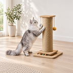 Silver-and-white Maine Coon scratching the Scratch Central rope post, with the whole cat and product visible