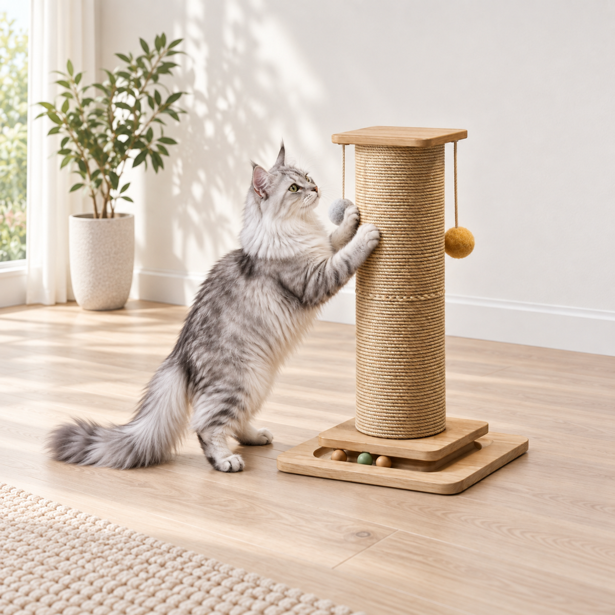 Silver-and-white Maine Coon scratching the Scratch Central rope post, with the whole cat and product visible