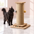 Cat Scratching Post 60cm | Wide Post & Ball Track – Scratch Central in an empty light pink room with white marble flooring and a black Maine Coon looking toward the product.